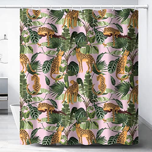 Leopard Palm Leaves Shower Curtain, 72x72 Waterproof Boho Jungle Decor