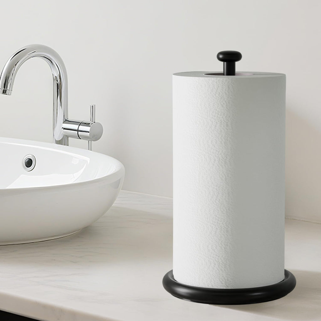 VEHHE Paper Towel Holder Countertop with Weighted Base, One-Handed Tear Paper Towel Holder with Damping Function and EVA Non-Slip Pad for Bathroom and Kitchen (Black)