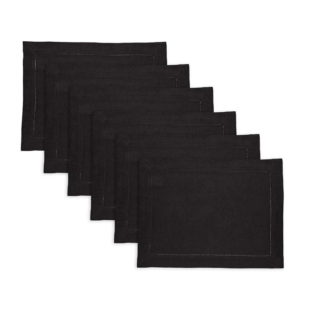 Solino Home Linen Cloth Placemats Set of 6-100% Pure Linen Hemstitch Black Placemats 14 x 19 Inch - Sonoma Hemstitch Table Place Mats for Mothers Day