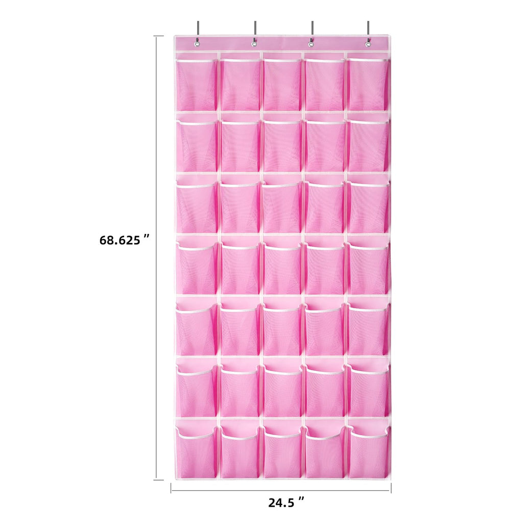 SAVERHO 35 Pockets Over the Door Shoe Organizer, Hanging Shoe Organizer for Door with 35 Mesh Pockets Large Capacity Shoe Hanging Storage Bag with 4 Metal Hooks (Pink-1Pack)