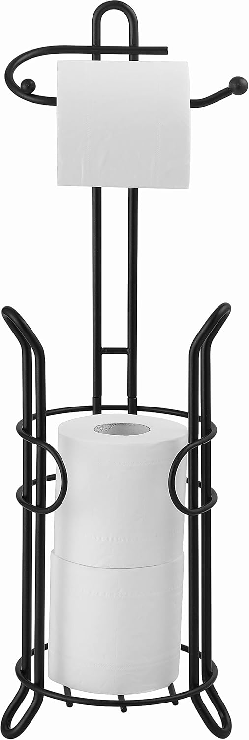 SunnyPoint Freestanding Toilet Paper Holder - Heavy-Duty Steel, Holds 3 Spare Rolls, Black Finish