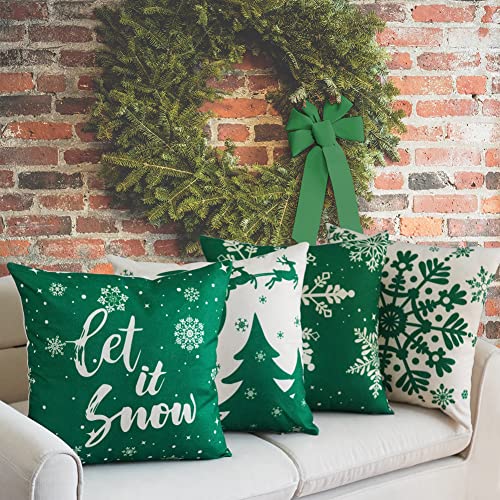 JOJOGOGO Green Christmas Pillow Covers Set of 4 - 18x18 Snowflake Design