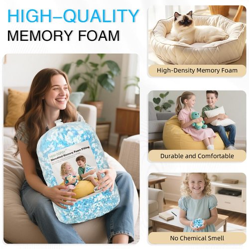 Hem Dgpsy Shredded Memory Foam Filling - Premium Soft Bean Bag Filler, 5lbs Blue & White Pillow Stuffing for Couch Cushion, Dog Bed, Chair - High Density, No Chemical Smell, Easy to Use