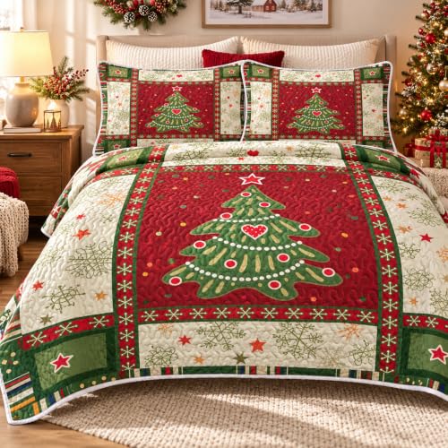King Christmas Quilt Set with 3-Piece Patchwork Tree Design - Red, Bedding