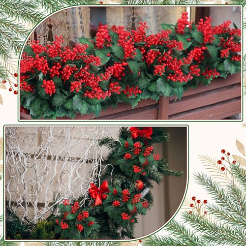 Artificial Christmas Poinsettia Flowers with Berry Stems Set - 12 Pieces