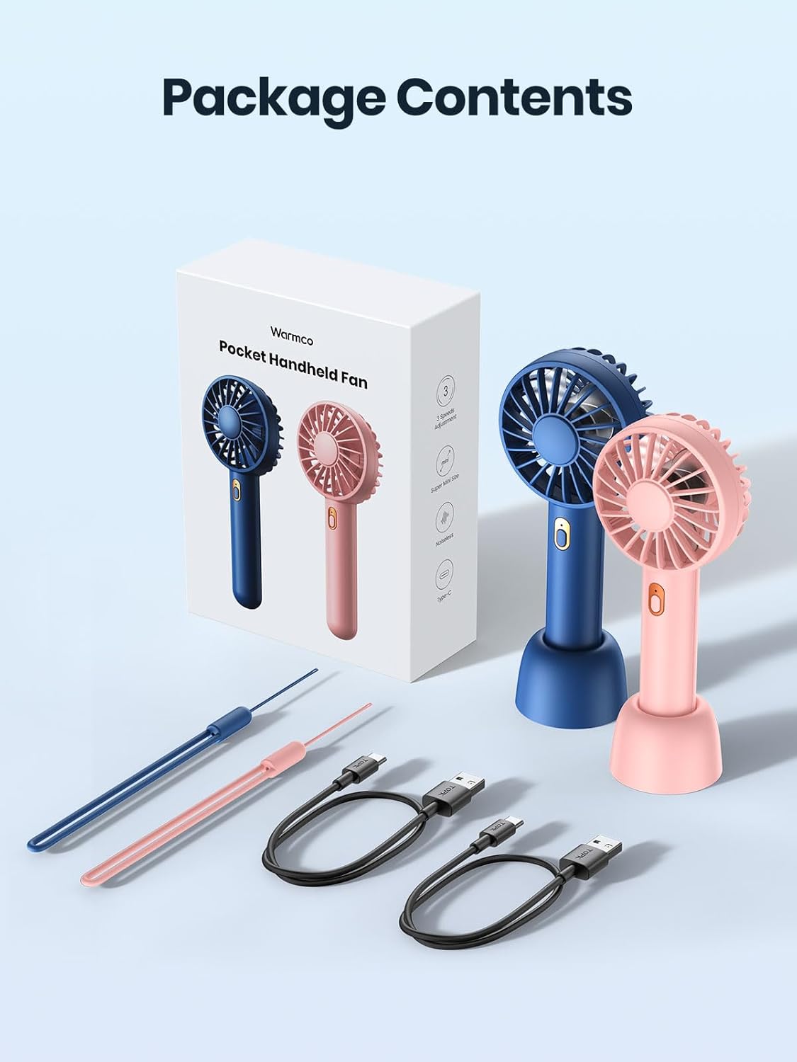 Warmco Mini Portable Fan - 3-Speed Rechargeable Handheld & Desk Fan Set, Compact Cooling for Travel | Blue & Pink