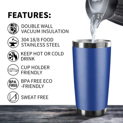 EcoMozz 20oz Tumbler Stainless Steel Vacuum Insulated Mug with Lid, Double Wall Travel Mug, Durable Powder Coated Coffee Cup, Suitable for Ice Drinks and Hot Beverage (New Blue 12 pack)