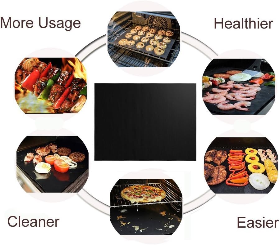 Renook Grill Mat Set of 6 | 100% Non-Stick Reusable Mats for Gas, Charcoal & Electric Grills - Easy to Clean, 15.75 x 13-Inch, Black