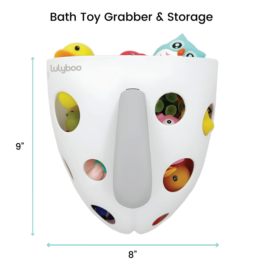 Lulyboo Baby Bath Toy Holder with No-Slip Suction Cups, BPA-Free Drainage Bin, Easy Clean Wall Organizer, White & Grey, Keeps Bathroom Clutter-Free & Safe for Kids