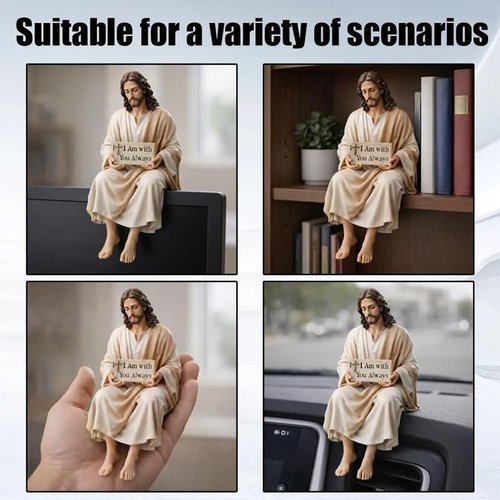 Little Jesus Figurines - Mini Handmade Sitting Jesus Statue with 'I Am with You Always' Sign | Small Resin Christian Decor for Office or Car