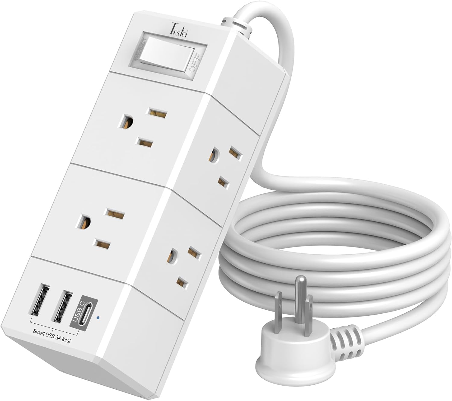 Tcstei 5Ft Outlet Extender Power Strip - Flat Plug Extension Cord with 6 Outlets & 3 USB Ports, White