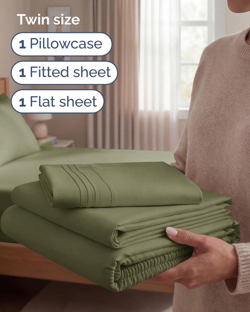 Hotel Luxury Twin Size 3-Piece Sheet Set by [Brand Name] - Comfy, Breathable & Cooling - Deep Pockets, Soft & Wrinkle-Free in Sage Green