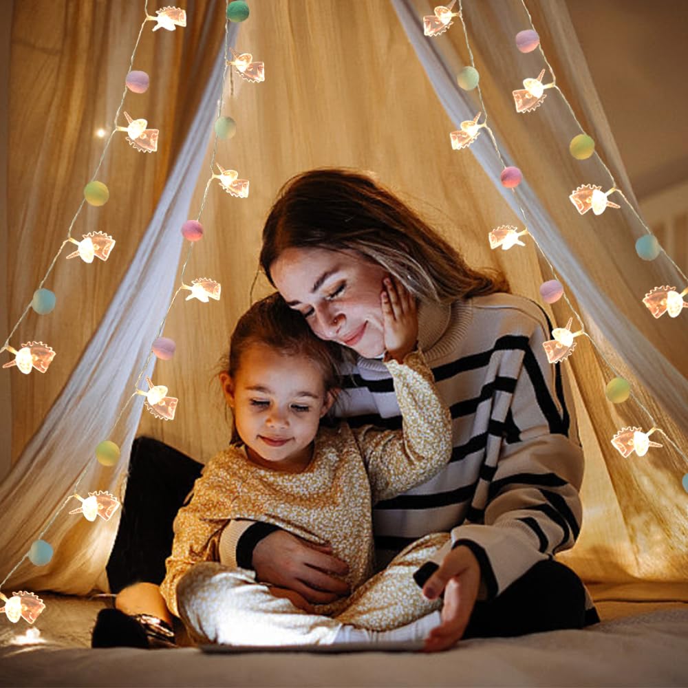 9.85FT Unicorn String Lights Cute Pom Poms Fairy LED String Lights Battery Operated with Timer Decor Lights for Kids Bedroom Birthday Party Kids Playhouse Wedding Valentine's Day Christmas Decorations