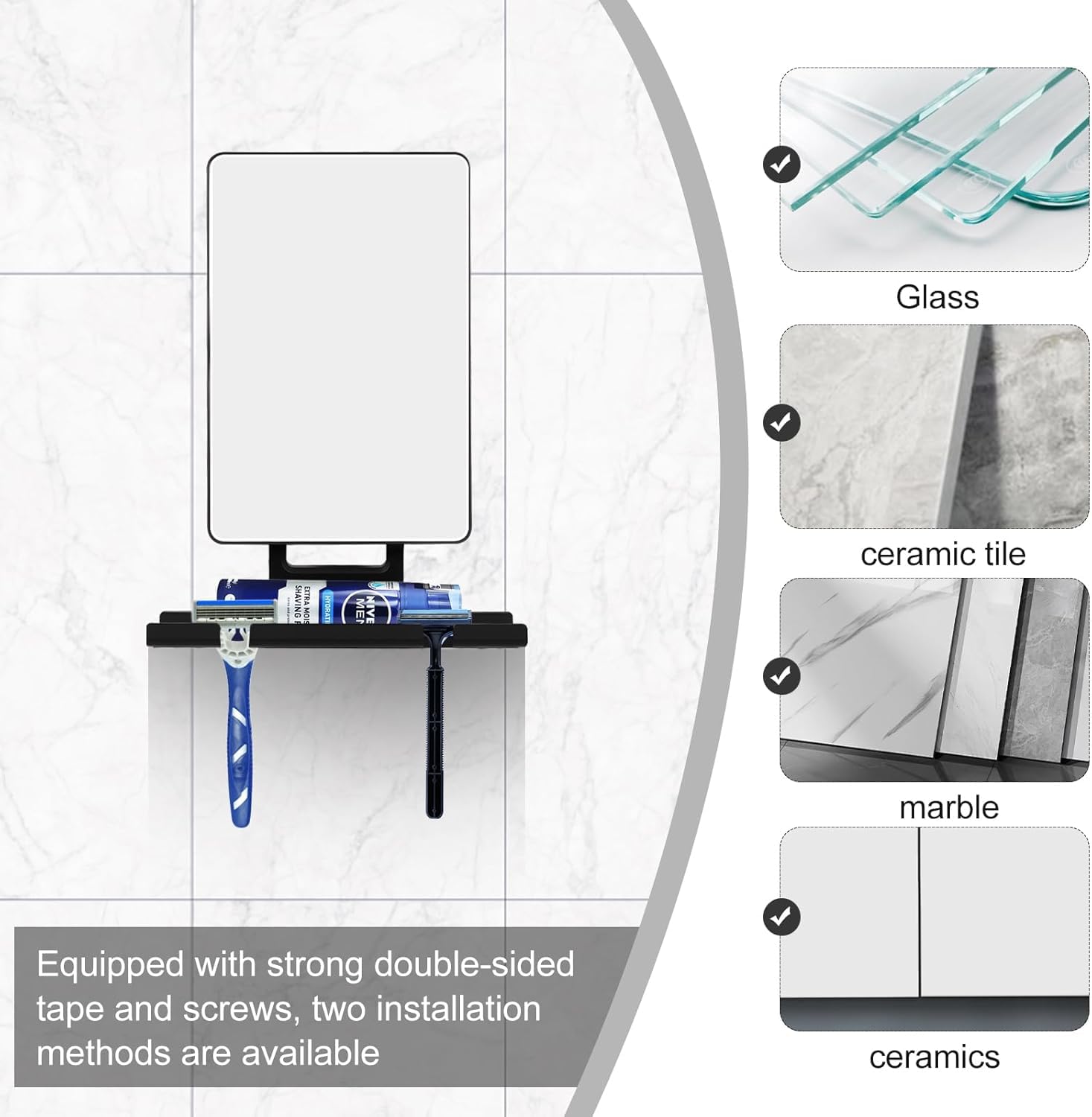FKEBGDSU Shower Mirror,Mirror for Shower with Razor Holder,Adjustable Shower Shave Mirror for Men and Women,NO-Drilling,Removable,Shatterproof &Waterproof with 2 Adhesive Hooks