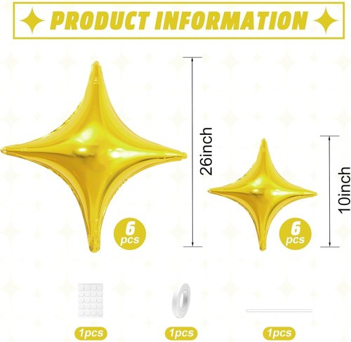 Gold Star | 12 Pcs Gold Foil Star Balloons - 26 Inch & 10 Inch for Birthday, Graduation, Baby Shower, Wedding Decor