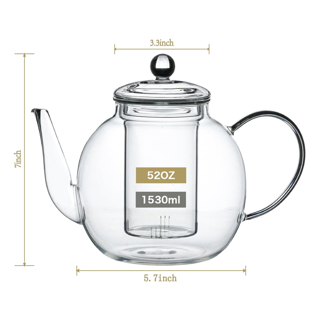 Wlasss 1530 ml/52 oz Large Glass Teapot with Removable Infuser, Clear Tea Kettle Stovetop Safe for Loose Leaf and Blooming Tea, Tea Lover's Choice,Gifts for Christmas