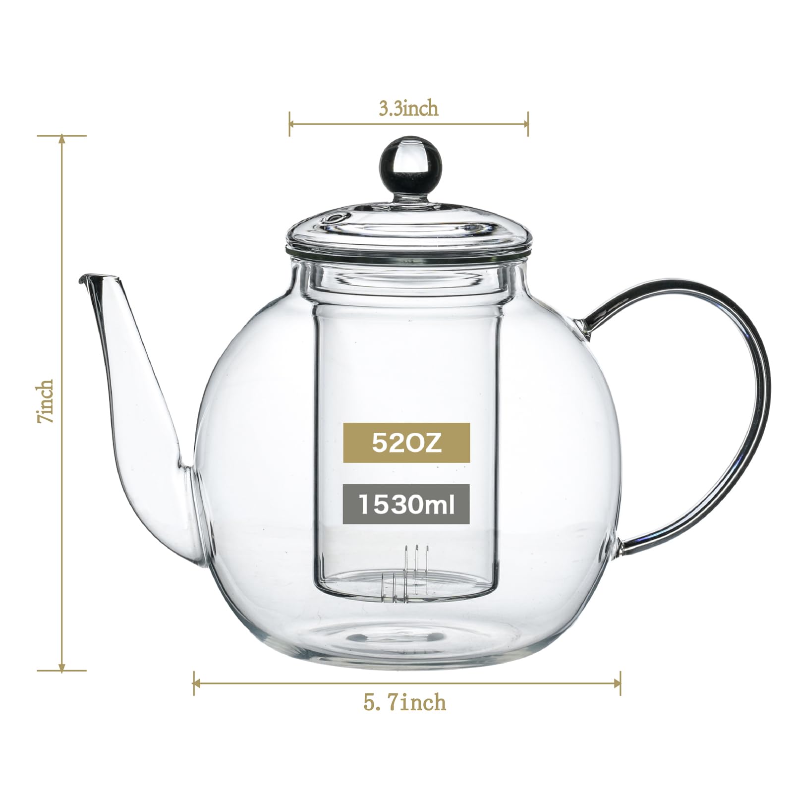 Wlasss 1530 ml/52 oz Large Glass Teapot with Removable Infuser, Clear Tea Kettle Stovetop Safe for Loose Leaf and Blooming Tea, Tea Lover's Choice,Gifts for Christmas