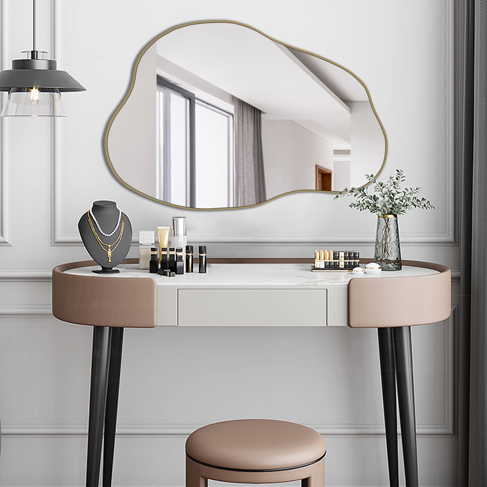POZINO Gold Irregular Mirror, 30"x20.5" Cloud Shaped Mirrors, Asymmetrical Wall Mirror, Modern Abstract Frameless Mirrors for Living Room Bathroom Bedroom Entryway, Hangs Vertically or Horizontally
