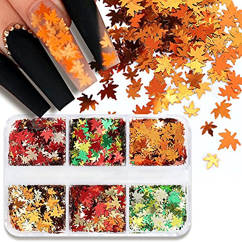 SONGJIE Fall Maple Leaf Nail Sequins 6-Color Holographic Glitter Art