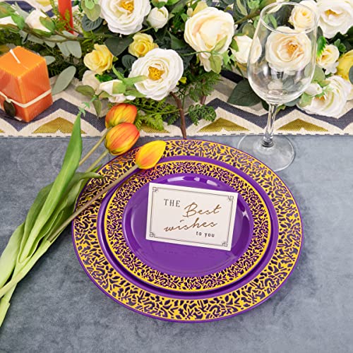 Purple Silver Plastic Dinner Plates with Gold Rim & Silverware Set – 150pcs