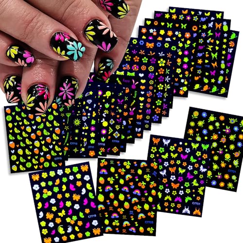24 Sheets Fluorescent Nail Art Stickers 3D Colorful Flower Butterfly Decals