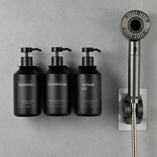 JANXIN Shampoo and Conditioner Dispenser Set of 3 for Wall Mount,16.9 fl oz Drill Free Shower Soap Bottles with Labels,Refillable Body Wash Dispensers for Bathroom Decor (Black Bottles +Black Pumps)