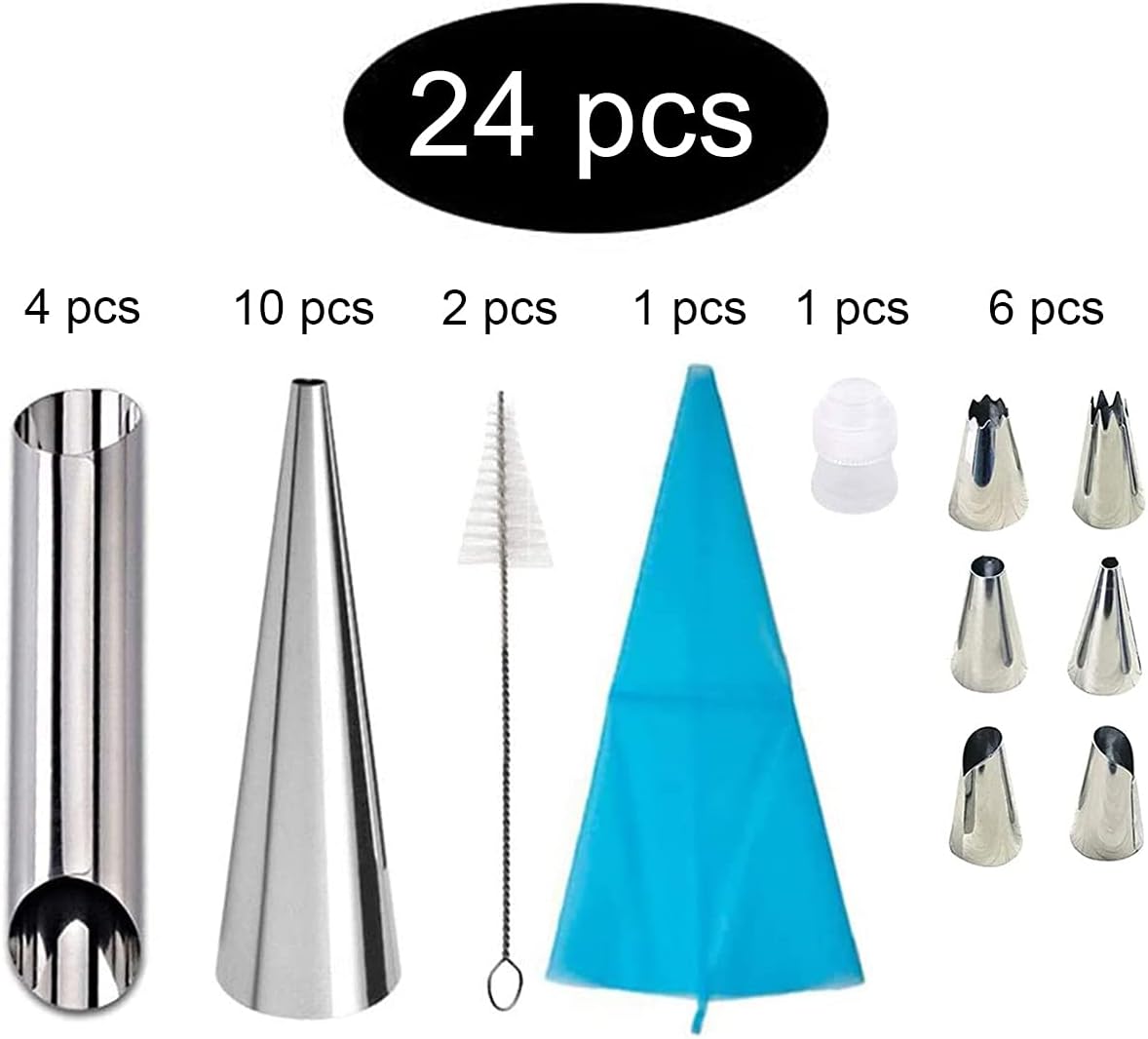 ABSOK Cannoli Tubes - Stainless Steel Cream Roll Molds with Ice Spout & Cleaning Brush | 24 PCS Set