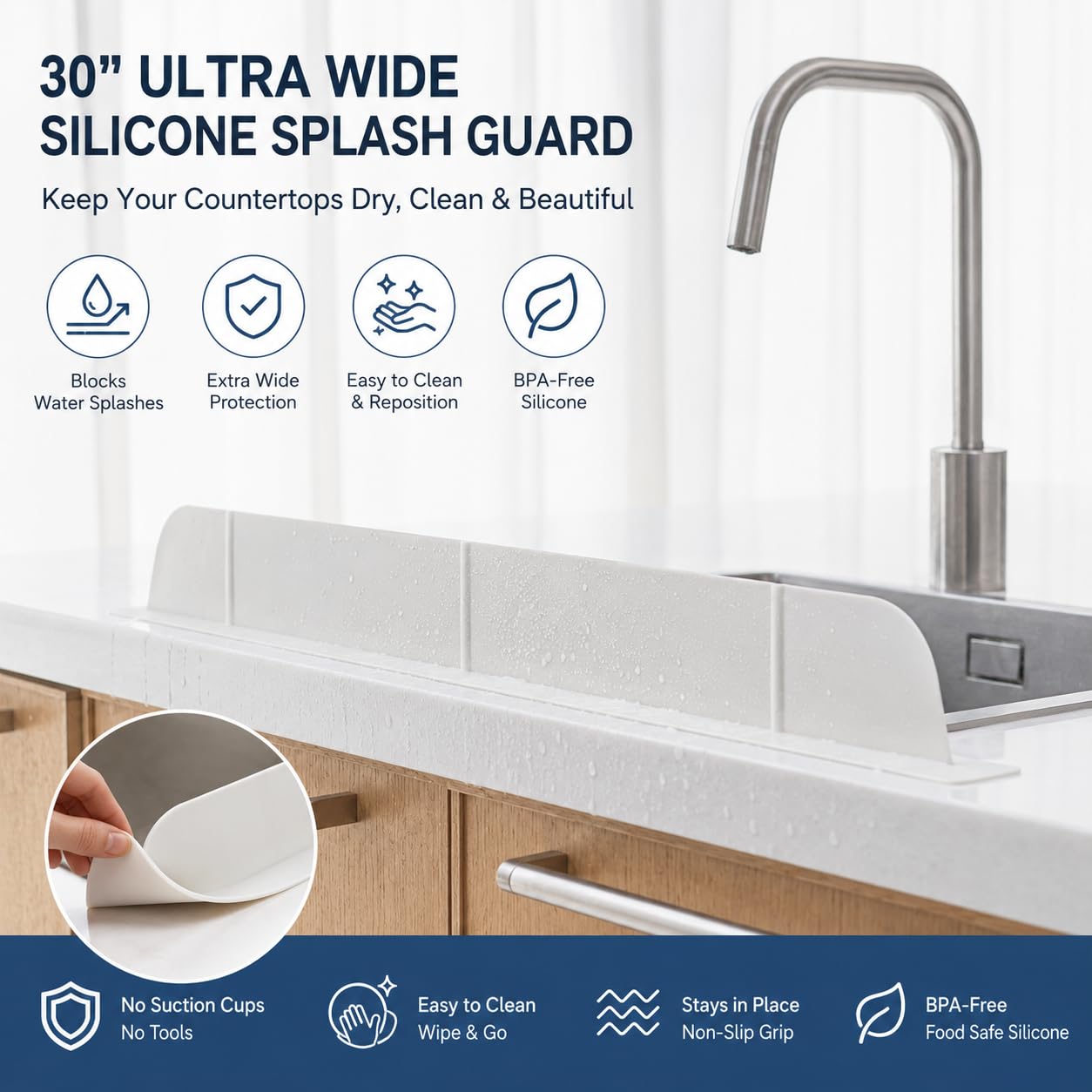 30 inch(75cm) Premium Kitchen Sink Silicone Water Splash Guard Size Upgrade 30" and new Package - NO Suction Cups, Ultra Wide 30" - Made in Korea (Ultra Wide Eco White)