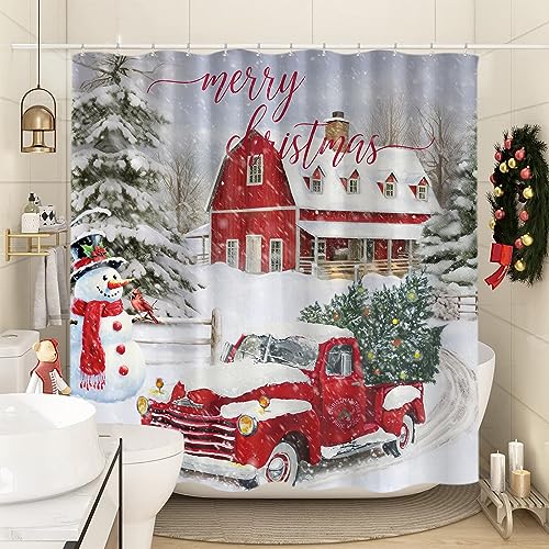 Grey Farmhouse Christmas Shower Curtain Set - 72x84 Inch Winter Farm Truck Tree Snowman Bathroom Decor with Hooks