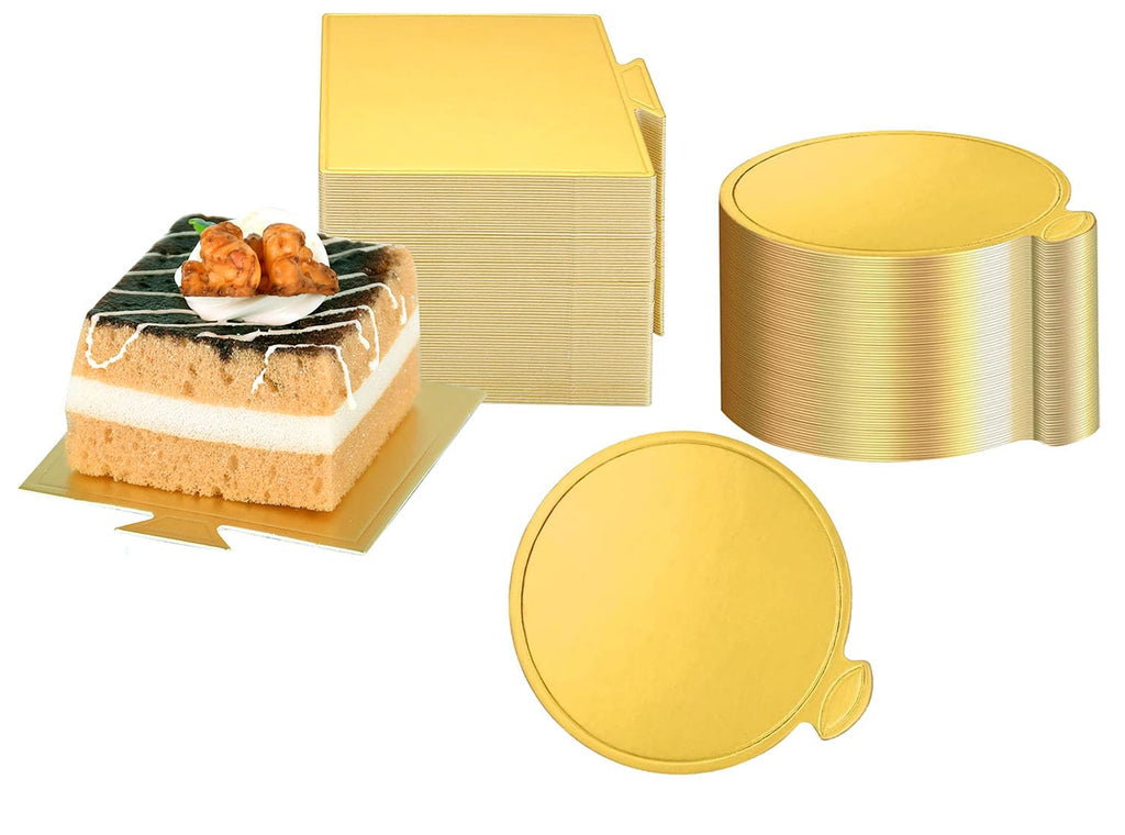 100pcs Mini Golden Cake Boards Round and Square Mousse Cupcake Base Paper Plates Dessert Board Circle Base for Cake DIY, Baking Dessert Party Wedding Birthday