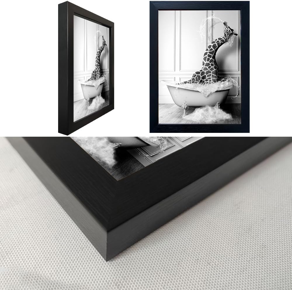 Skiennix Giraffe in Bathtub Canvas Print - Funny Black and White Bathroom Wall Art | Framed Farmhouse Decor