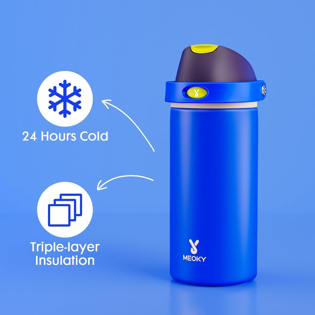 Meoky Stainless Steel Water Bottle - 18 oz Insulated Kids Bottle with 2-in-1 Straw & Spout Lid | Leak Proof, BPA-Free, Celestial Sphere