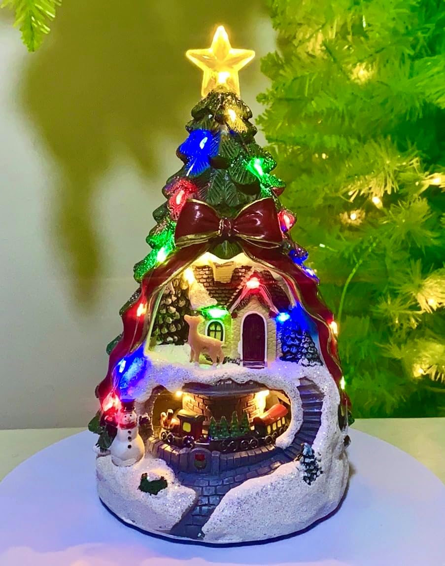 Musical Christmas Village with Spinning Train & Deer | Pre-Lit Artificial Tree - Battery & USB Operated - Festive Tabletop Decor