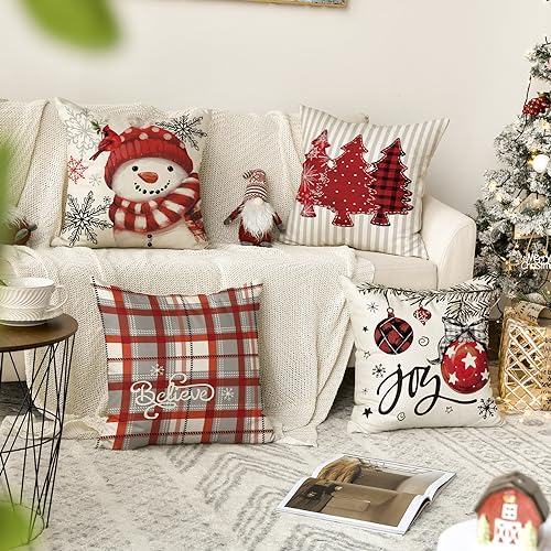 AVOIN colorlife Christmas Throw Pillow Covers, 18x18 Red Snowman Set of 4
