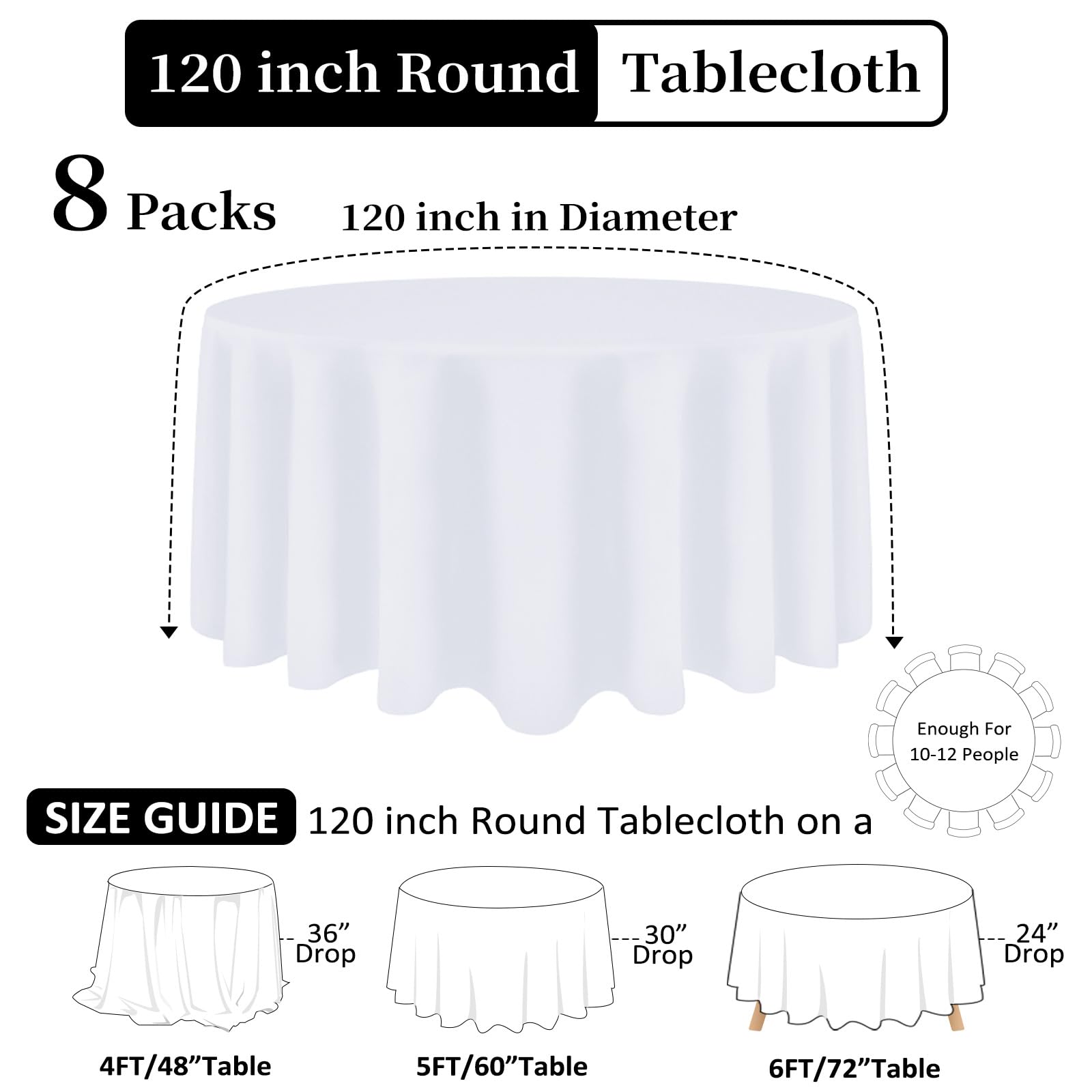 Heneger 8 Pack White Round Tablecloth 120 Inch White Table Cloth Stain and Wrinkle Resistant Reusable and Washable Polyester Fabric Table Covers for Buffet Wedding Party and Banquet
