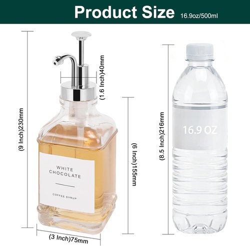 Coffee Syrup Dispenser Set by [Brand Name] - Clear Glass Bottles with Pump | 500ml, Chrome Finish for Coffee Bar
