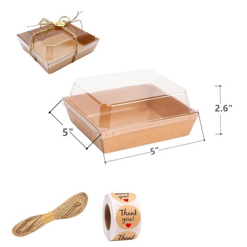 Zentriqlla 100 Pack Charcuterie Boxes with Clear Lids, Disposable Bakery Dessert Containers, Kraft Bakery Box with Twine & Stickers for Sandwich, Snacks, Cakes, Weddings, Strawberries, 5"x5"x2.6"