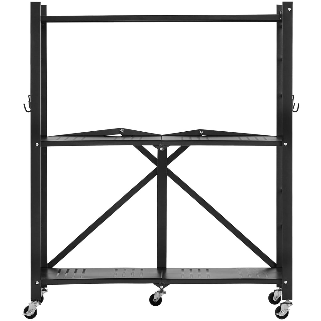 VEVOR 3-Tier Foldable Storage Shelf, 30W x 13D x 36H Inch Folding Metal Rack Shelving Unit, No Assembly Organizer Shelf with 5 Wheels & 4 Hooks for Pantry, Kitchen, Garage, Basement, Black