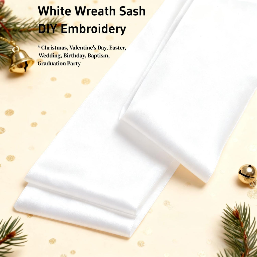 Skiennix 4 Pack White Wreath Sash - DIY Embroidery Satin Blank Accessories for Easter & Weddings