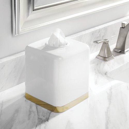 mDesign Plastic Square Disposable Facial Tissue Box Cover for Bathroom Vanity, Countertop, Bedroom Dresser, Night Stand, Office Desk, End Table, Hold Paper Tissues - Hyde Collection - White/Soft Brass