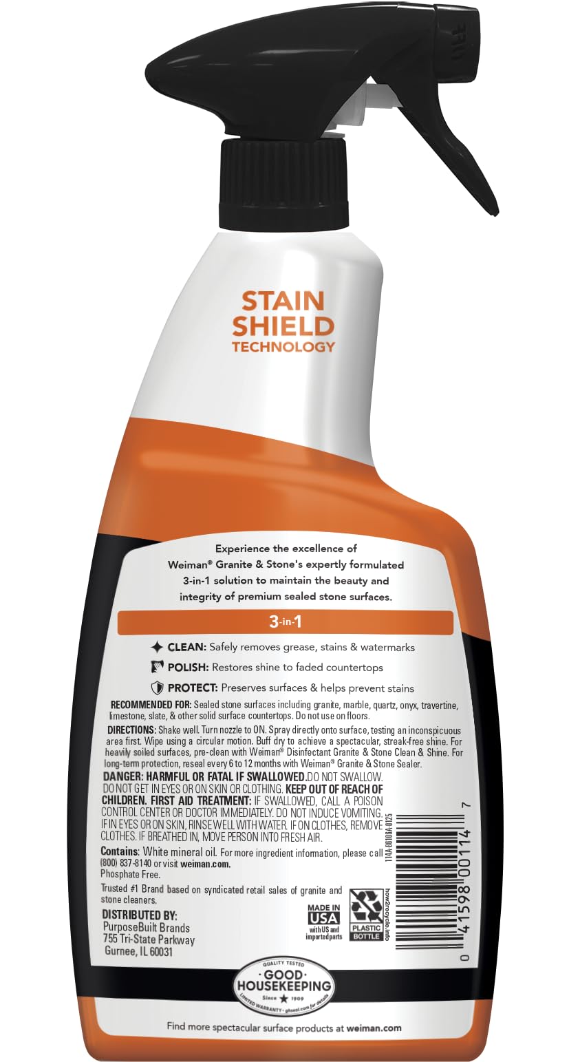Weiman Granite and Stone Cleaner 3-in-1, Removes Grease, Stains & Watermarks, Streak-Free Formula with Stain Shield Technology, Safe on Marble, Quartz, Tile, Granite, Quartzite & Slate