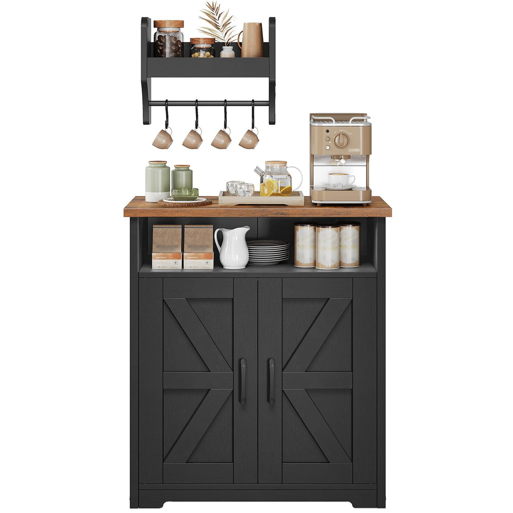 YATINEY Coffee Bar Cabinet, Kitchen Island with Storage, Farmhouse Sideboard Buffet Cabinet with Dual-Purpose Floating Shelf and Hooks, for Restaurant, Living Room, Rustic Brown KF22BR