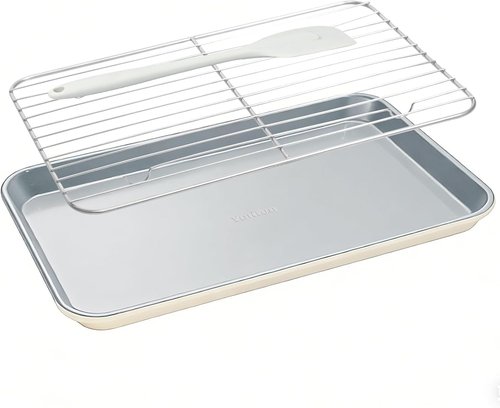 7PCS Ceramic-Coated Baking Sheet Set - Non-Stick Jelly Roll Pan & Cookie Sheet with Rack, Spatula & Cutters | PFAS Free, Oven Safe to 550°F, Sunshine Cream