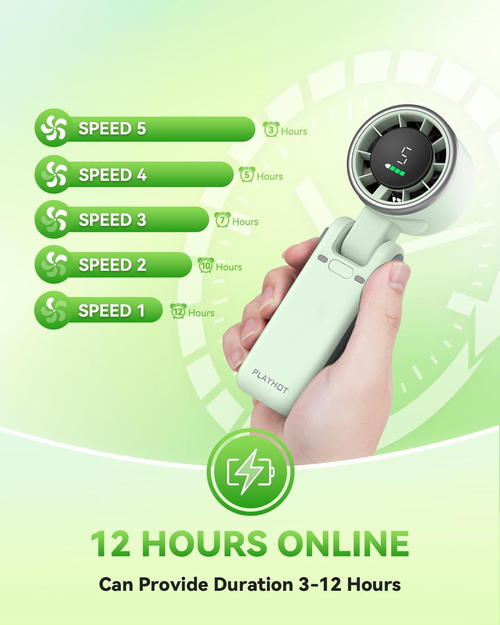 PlayHot Portable Handheld Turbo Fan - 5-Speed Wind, Battery Operated, 12-Hour Runtime | 3-in-1 Cooling Fan (Green)