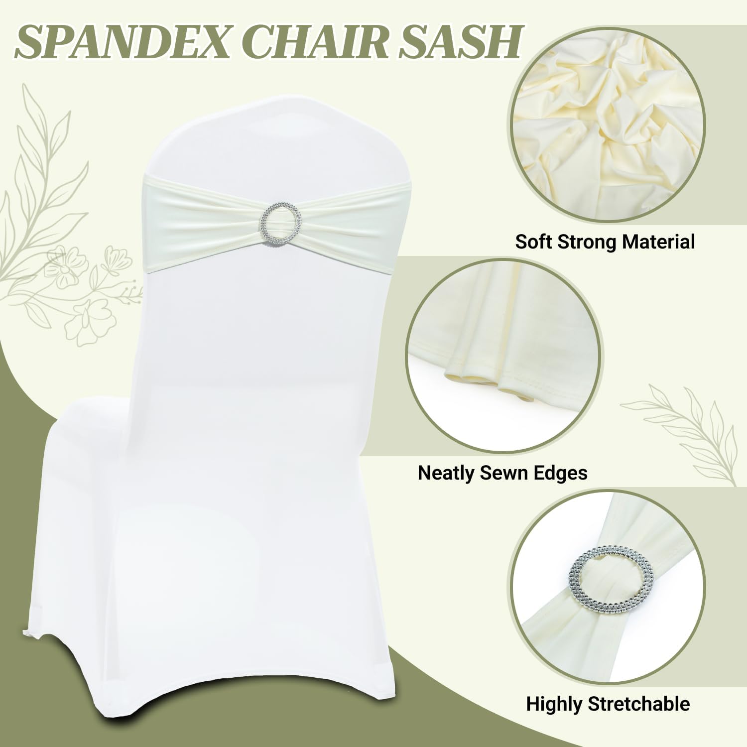 MDS Spandex Chair Sashes - Premium Stretch Covers with Buckle Slider | Universal Fit for Weddings & Events - Ivory (Pack of 50)