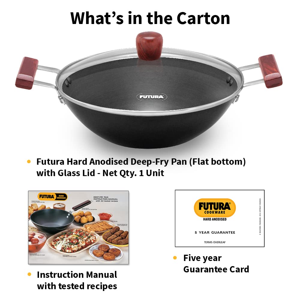 Hawkins Futura 3 Litre Deep Fry Pan, Hard Anodised Kadai with Glass Lid, Flat Bottom Kadhai, Black (AD30G)