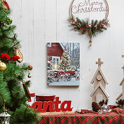 Christmas LED Lighted Canvas Wall Art - Snow House & Tree Scene - Red Variation