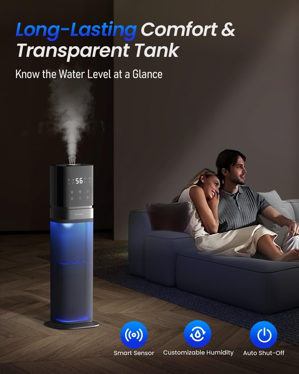 AILINKE Humidifiers for Bedroom 2.1Gal/8L, Smart Humidifier for Large Room, Cool Mist Humidifiers for Home Kids Plants, Top Fill Humidifier with Extension Tube, WIFI APP & Voice Control, Dark Blue