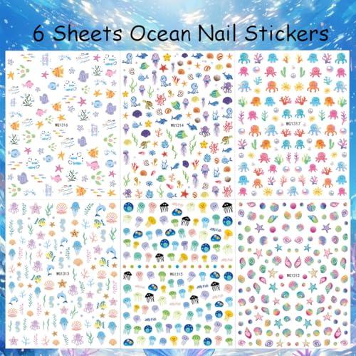 GUAACCB 6 Sheets Summer Nail Stickers 3D Self-Adhesive Beach Shell Decals