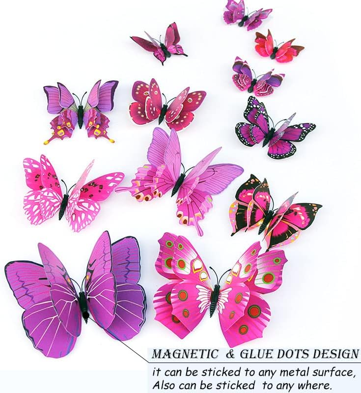 OPSEAM 3D Butterfly Wall Decor - 24 PCS Purple Stickers with Magnets for Party Decorations